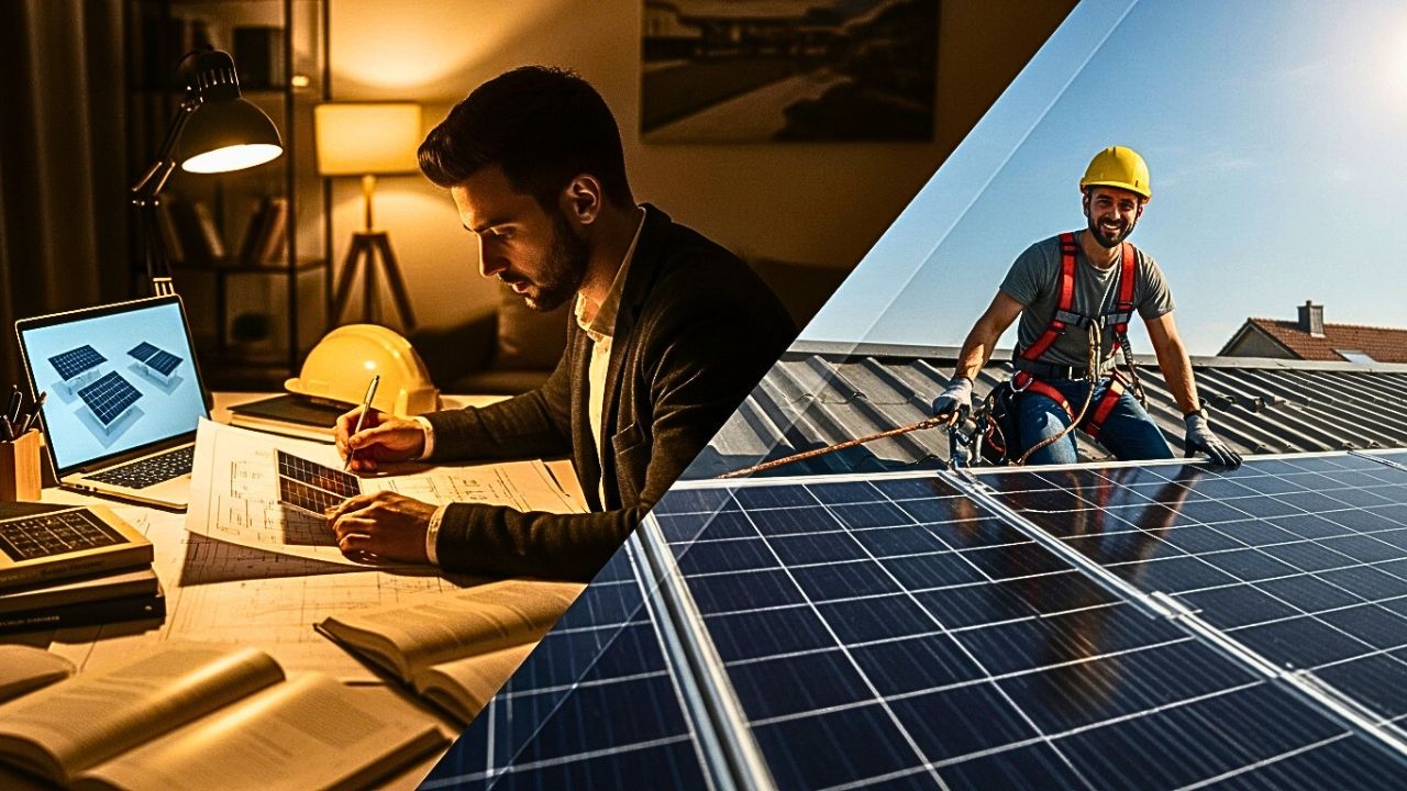 Profissional com ferramentas para energia solar