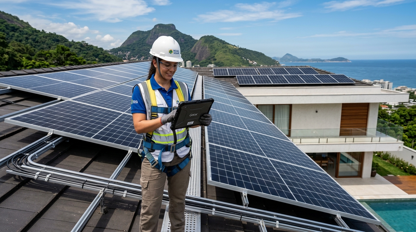 Instalação solar profissional sendo analisada