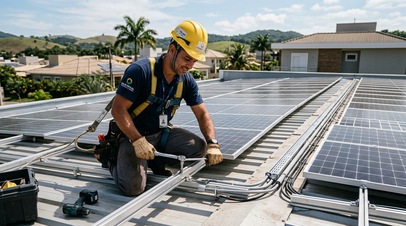 Profissional energia solar trabalhando