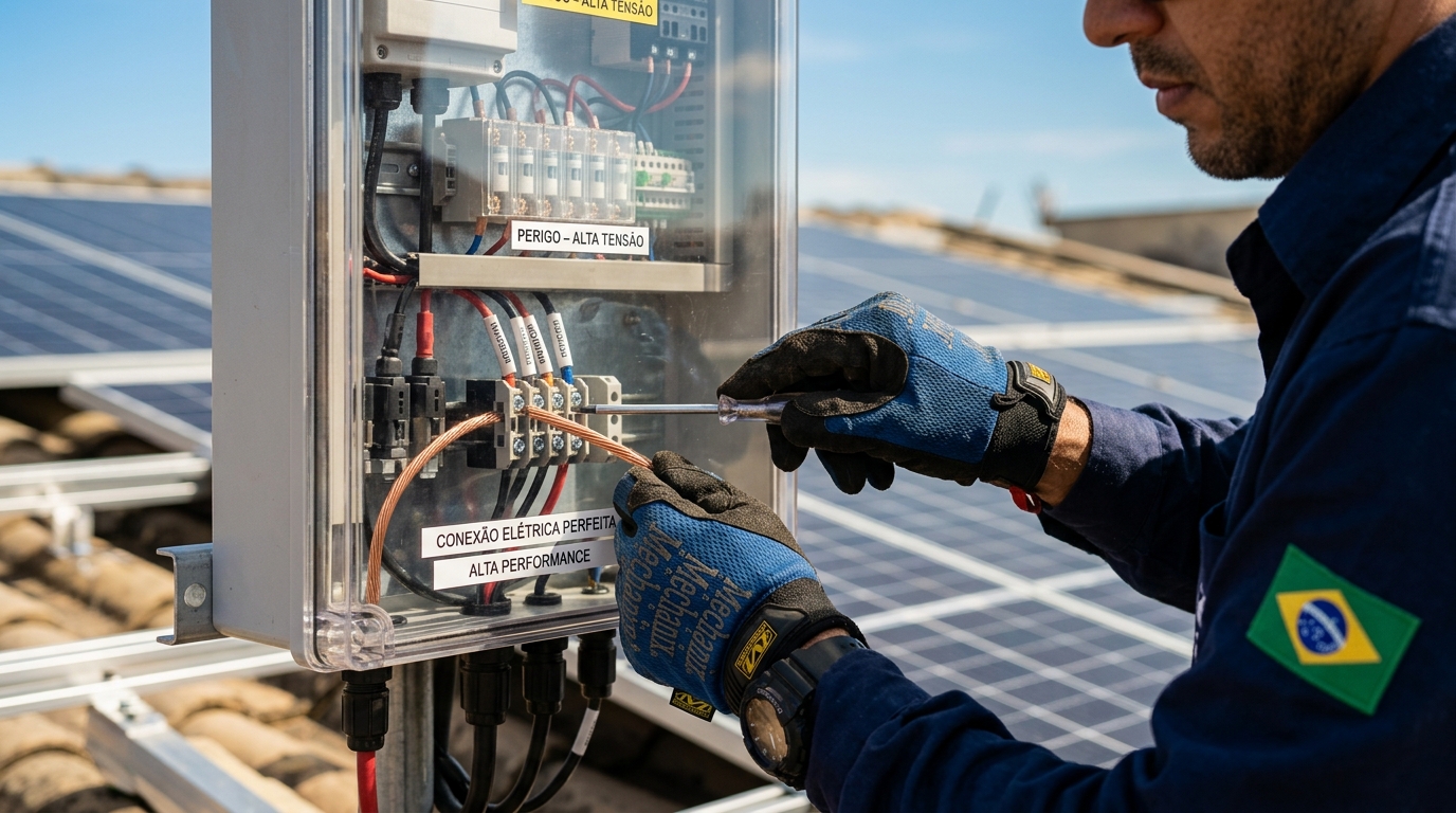 Instalador de energia solar analisando instalação no telhado