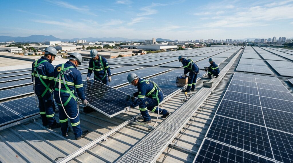 Equipe de instaladores solares uniformizada realizando montagem de alta precisão em telhado industrial.