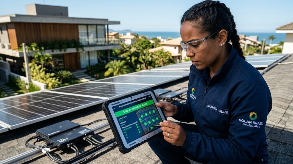 Profissional instalador solar brasileiro conferindo normas técnicas de segurança em um projeto.