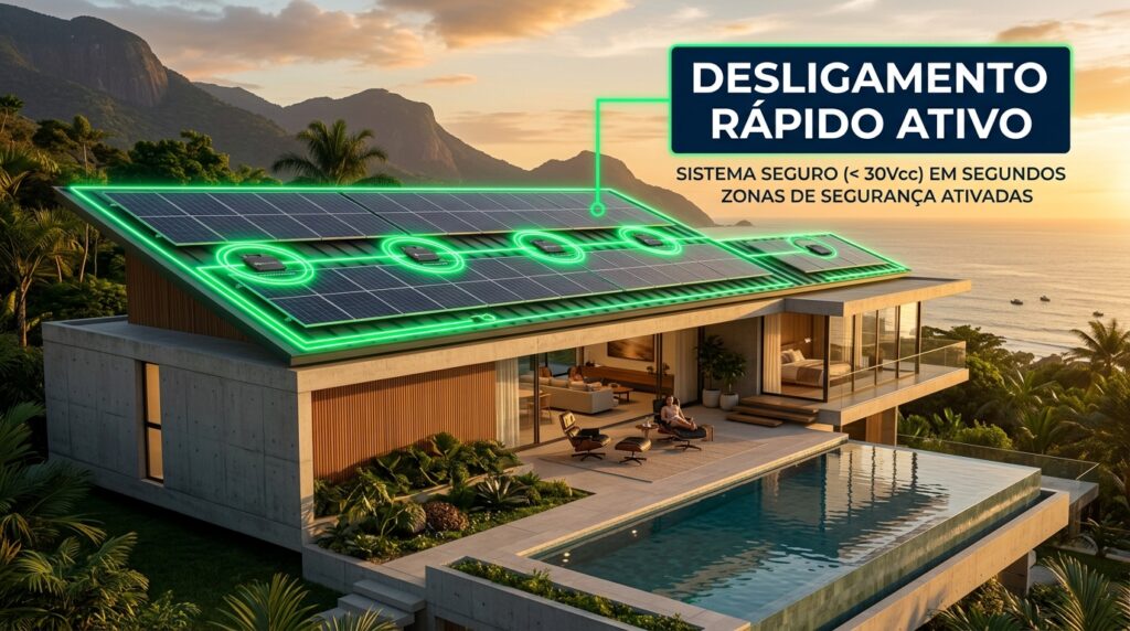 Ilustração técnica de um sistema solar seguro com Rapid Shutdown e microinversores no Brasil.